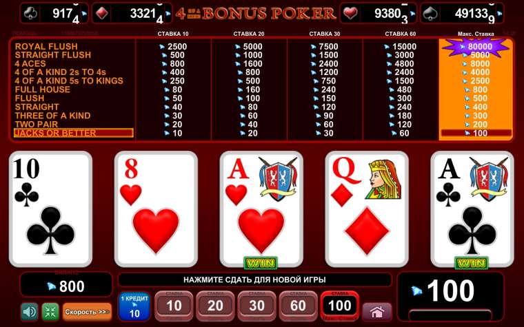 Видео-покер с бонусами за каре